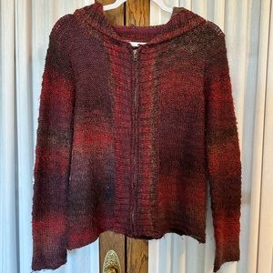 Prana Burgundy Red Multi Stripe Zipper Front Hooded Cardigan Sweater